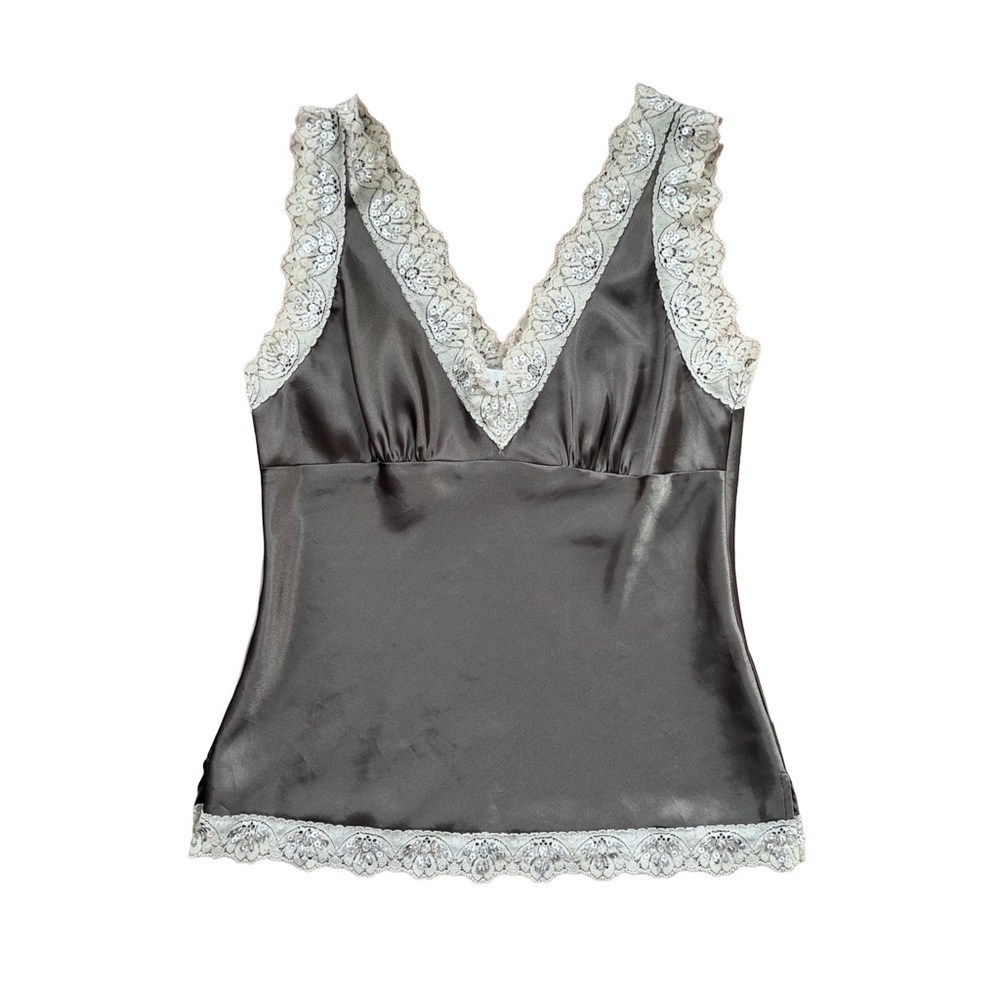 Vintage Satin Lace Trim Sequin Cami Tank Top Sleeveless V-neck Dark Gray Size 4